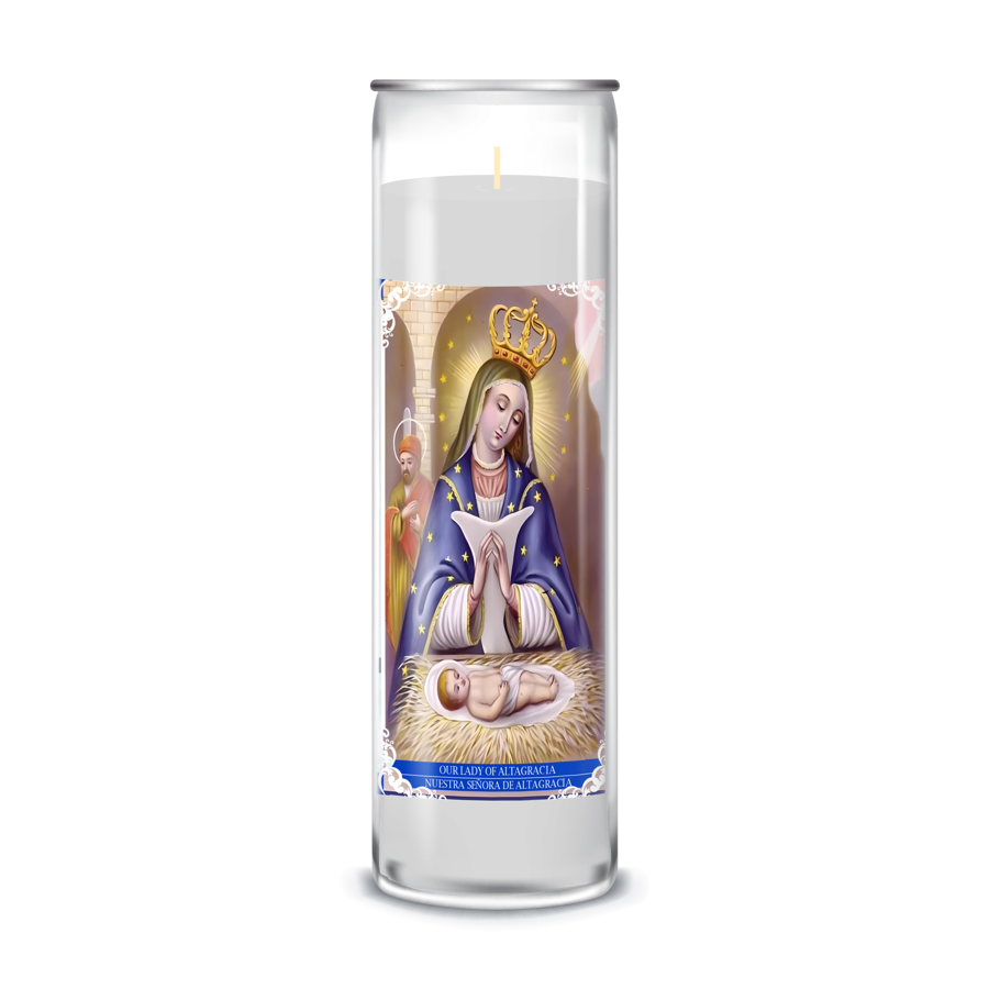 Zafiro Glass Jar Candle 8" Our Lady of Altagracia