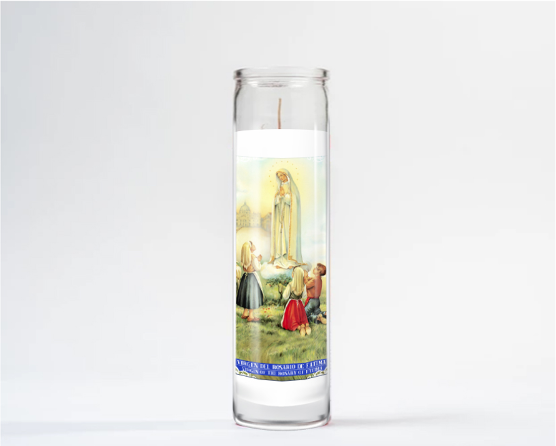 Zafiro Glass Jar Candle 8" Virgin of the Rosary of Fatima