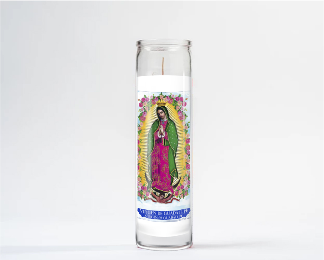 Zafiro Glass Jar Candle 8" Virgin of Guadalupe