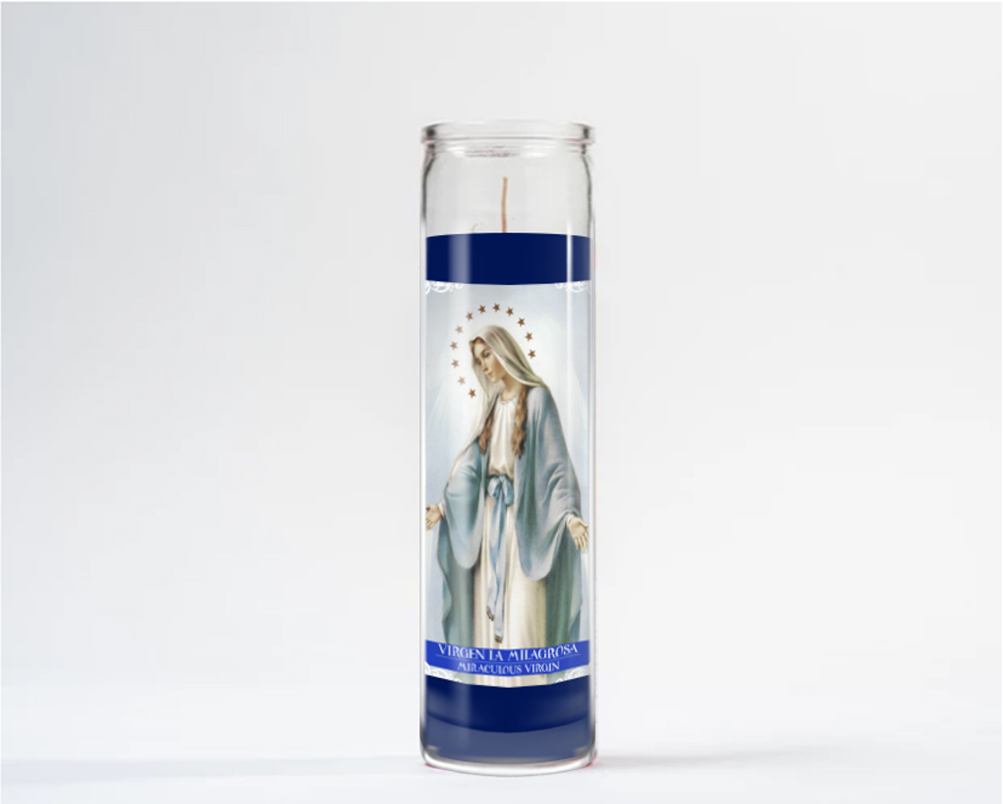 Zafiro Glass Jar Candle 8" Miraculous Virgin